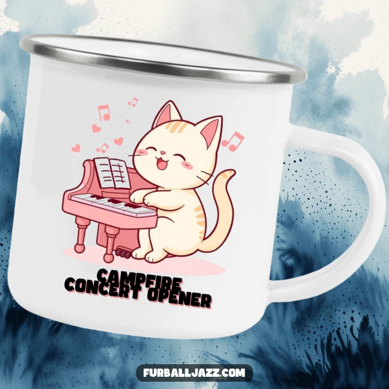 Funny cat camping mug with a cat playing piano, ideal for outdoor use and a humorous gift for adventurers.
