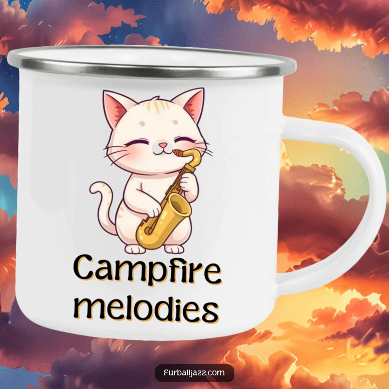Funny cat camping mug depicting a happy cat with closed eyes playing a saxophone, perfect for outdoor adventures with cool, humorous jazz vibes.