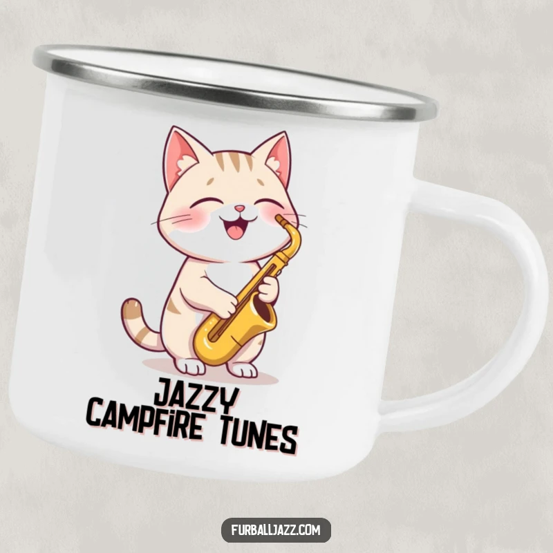 Funny Cat Saxophone Camping Mug featuring a joyful cat playing a saxophone, durable and stylish for outdoor music sessions.