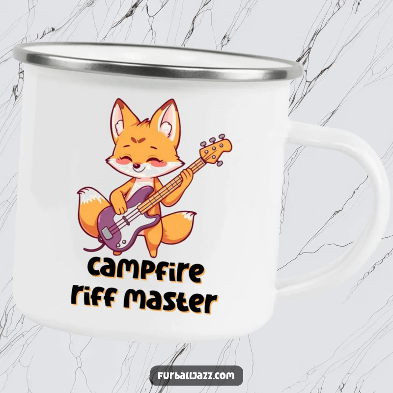 Funny fox camping mug showing a playful fox rocking a bass guitar, ideal for outdoor jams and smiles.