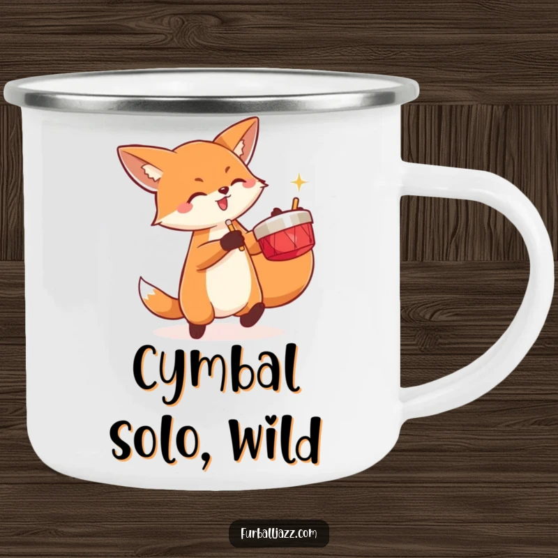 Funny fox energetically playing a pair of cymbals on a camping mug.
