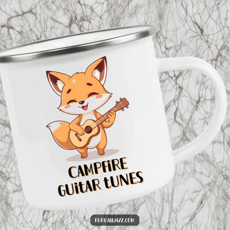 Funny fox character strumming a tiny, stylized guitar with glee on a durable, funny camping mug.