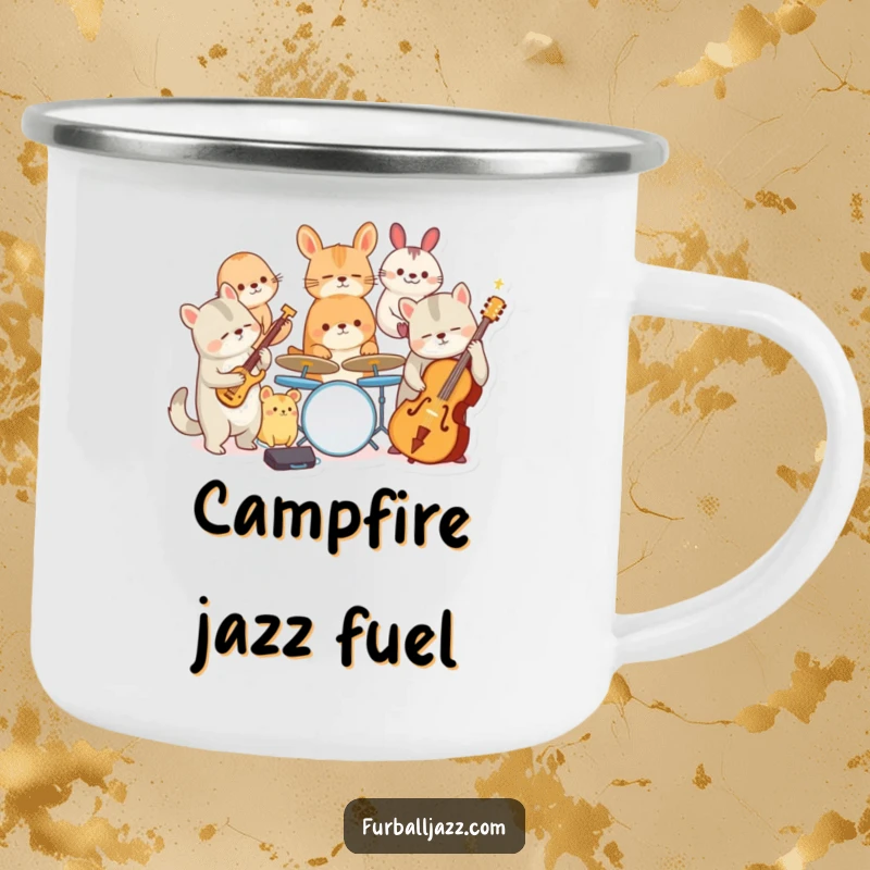 Funny camping mug featuring an animal jazz band in action, perfect for outdoor enthusiasts who enjoy music and humor.