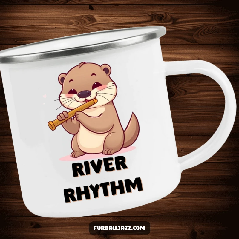 Funny otter playing a jazz flute on a camping mug, ready for outdoor melodies and fun.