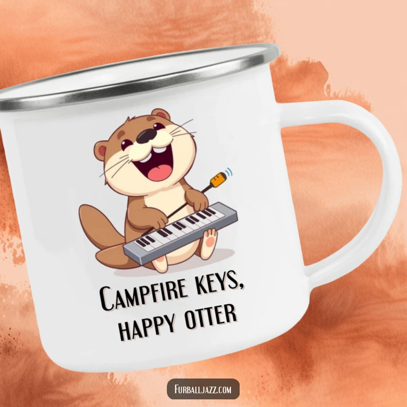 Funny otter camping mug showing a playful otter jamming on a keyboard with a wide grin, perfect for musical outdoor moments.