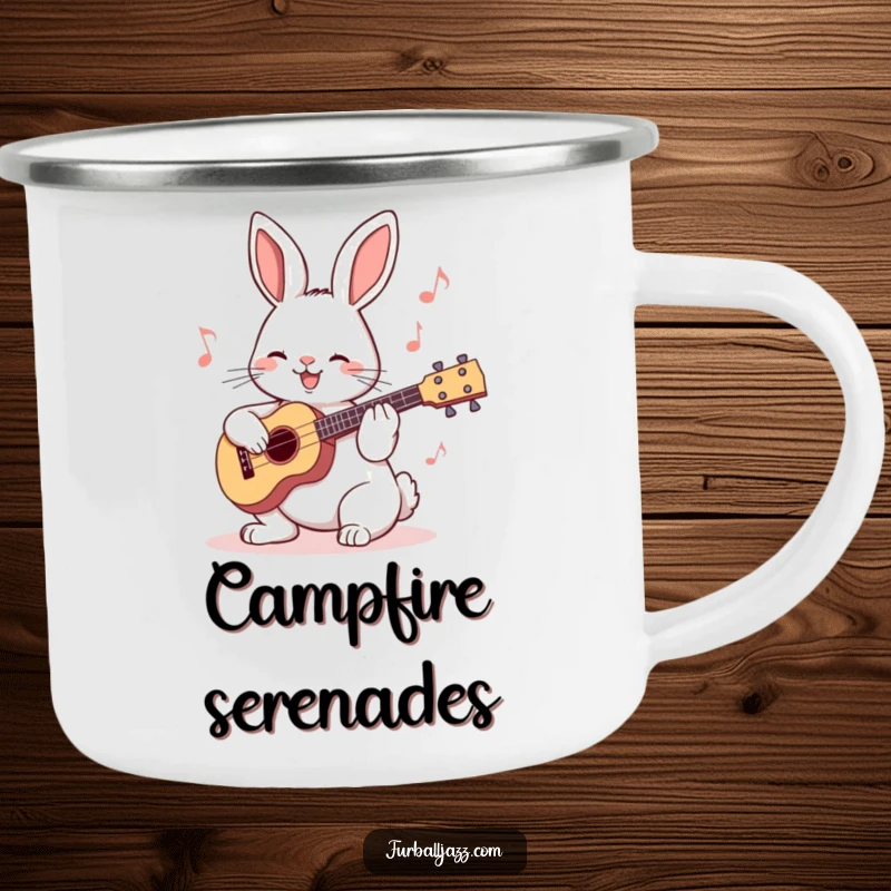 Funny Rabbit Ukulele Camping Mug featuring a happy bunny with a ukulele, perfect for enjoying drinks outdoors with a musical theme.
