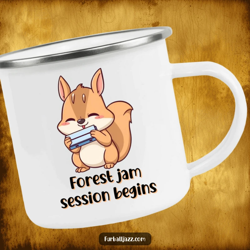 Funny squirrel camping mug showing a happy squirrel intensely concentrating while playing a tiny harmonica, perfect for musical outdoor moments.