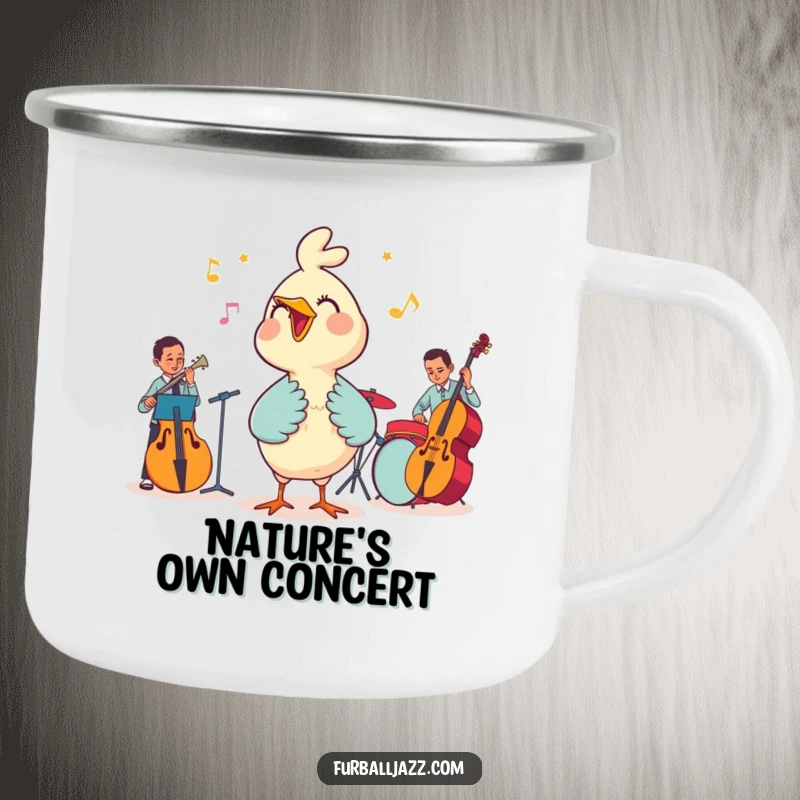 Funny camping mug showcasing a happy bird singing with a jazz band, ideal for outdoor lovers who appreciate music and humor.