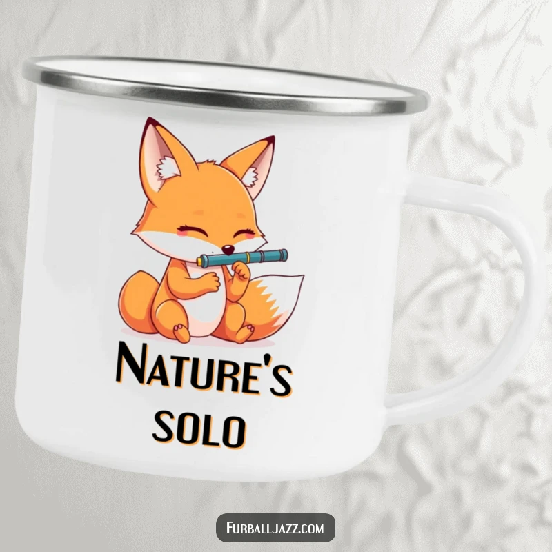 Funny fox musician playing a clarinet with eyes closed, depicted on a sturdy and humorous camping mug.