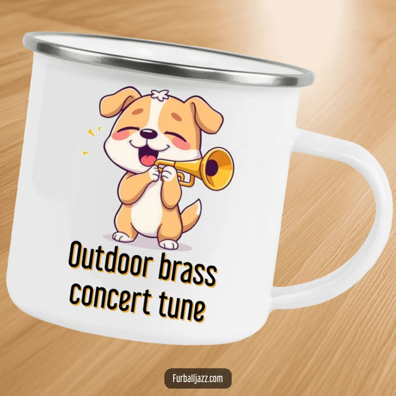 Funny dog playing trumpet with eyes closed in bliss, a durable camping mug for outdoor music lovers.