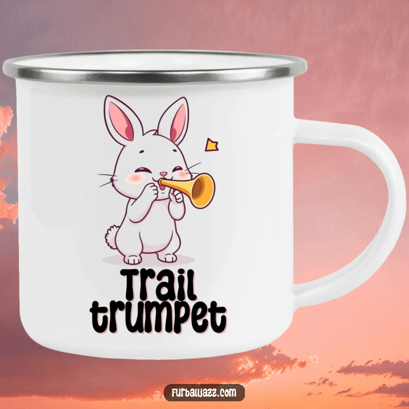 Funny rabbit enamel camping mug with a rabbit playing a trumpet, ideal for outdoor enjoyment and musical vibes.