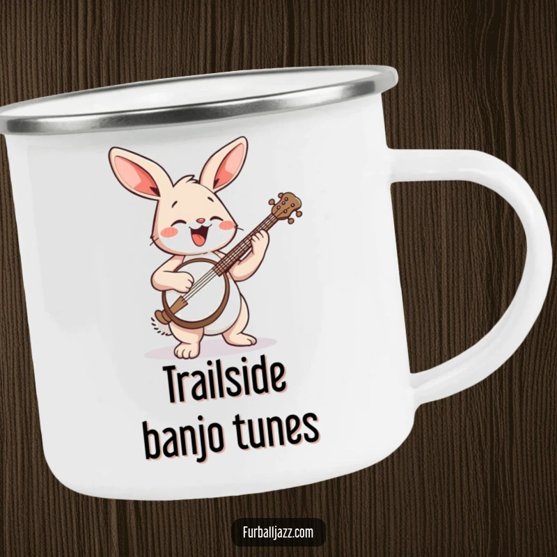 Funny Rabbit Camping Mug: A happy rabbit playing banjo, ready for outdoor adventures and warm drinks.