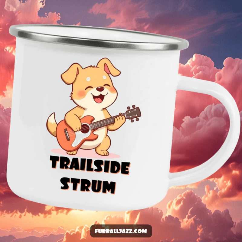 Funny dog enamel camping mug with a dog strumming a guitar, ideal for outdoor adventures and musical enjoyment.