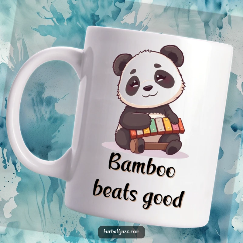 Funny panda mug showing a curious panda happily playing a xylophone with a contented, thoughtful expression, creating joyful music.