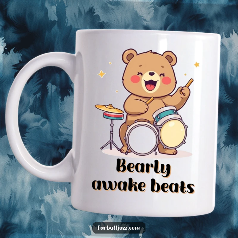 Funny bear mug with a powerful bear energetically smashing drum kit with drumsticks, creating a thunderous beat.