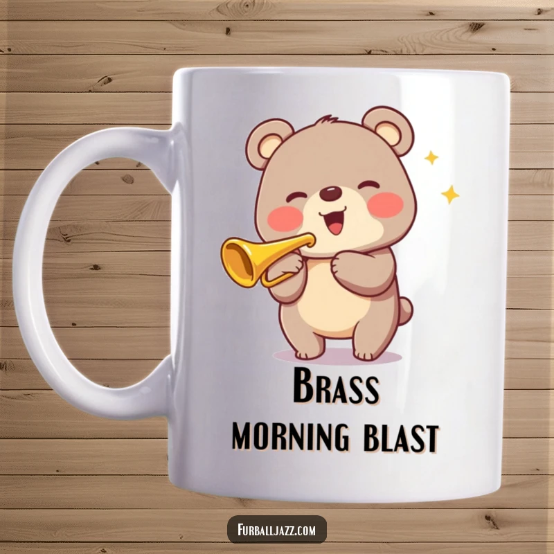 Funny Bear Trumpet Mug featuring a joyful bear playing a shiny trumpet with a big smile, perfect for music enthusiasts.