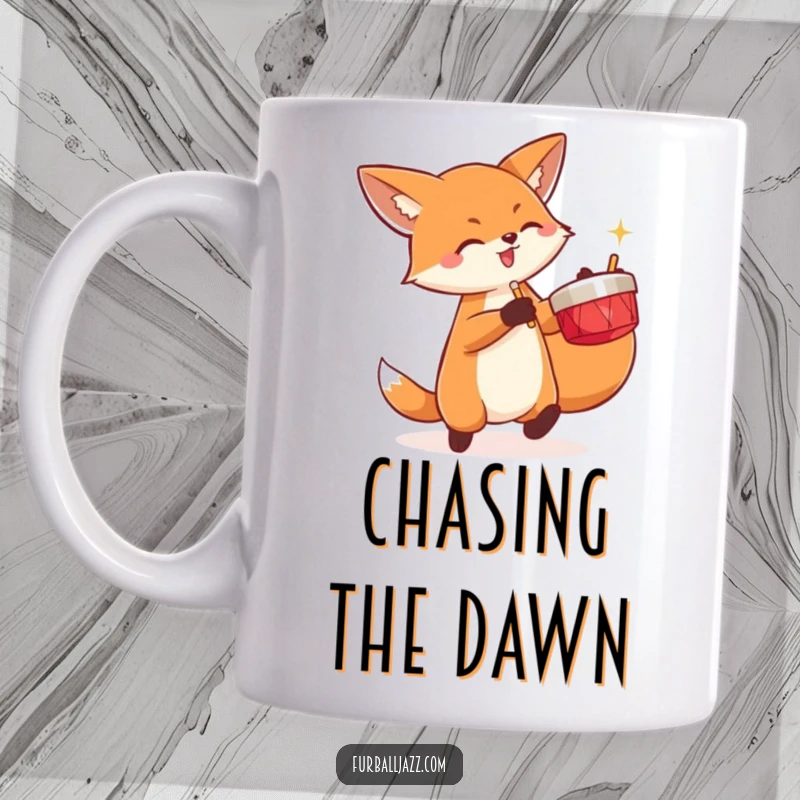 Funny fox energetically playing a pair of cymbals on a coffee mug.