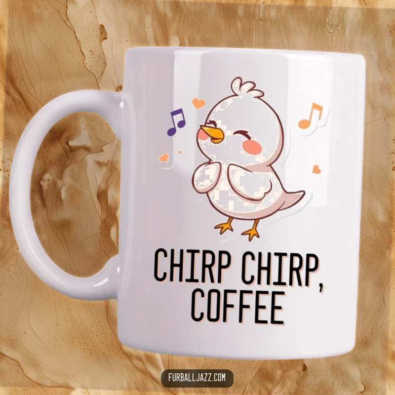 Funny Bird Mug featuring a happy bird character enthusiastically fluting a cheerful melody, radiating musical joy.