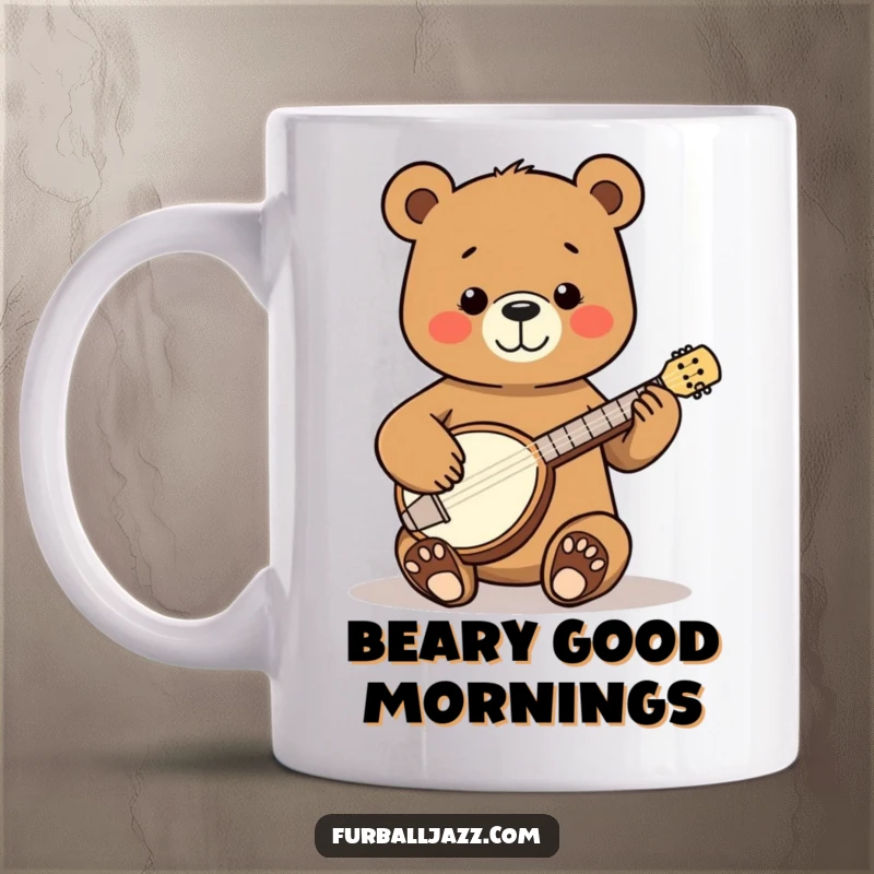 Funny Bear Banjo Mug showing a happy bear strumming a tiny banjo with pure joy, a delightful musical companion.