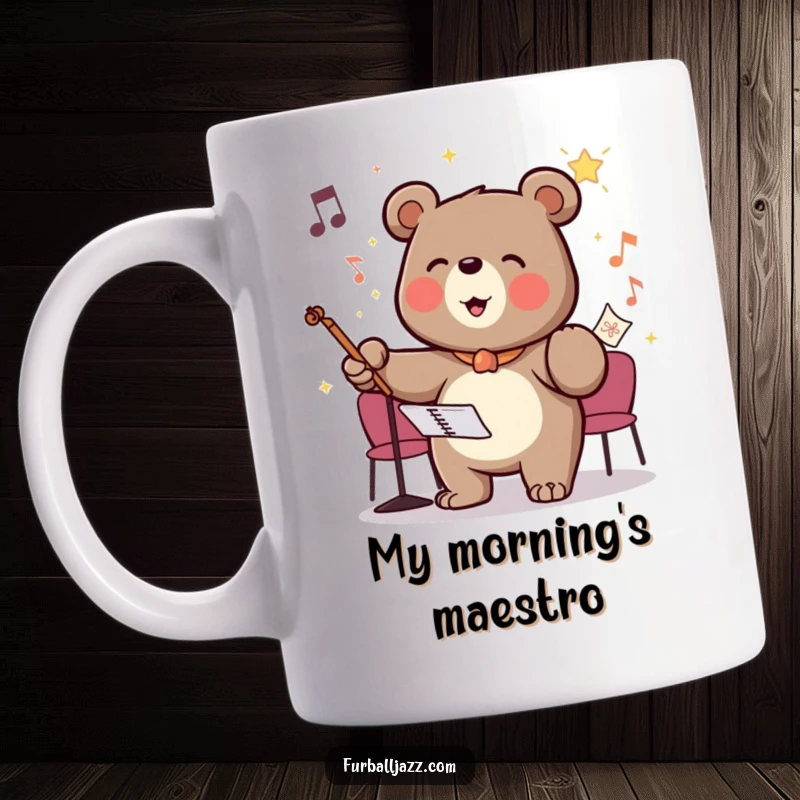 Funny mug showing a bear character gleefully conducting an unseen orchestra, embodying passion and musical direction.