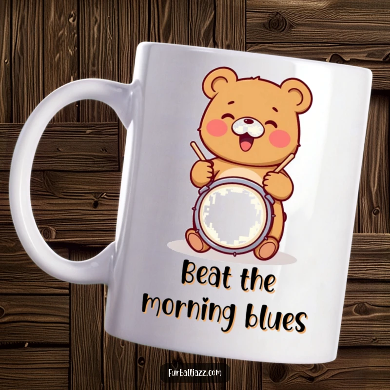 Funny bear character joyfully tapping drumsticks on a snare drum, radiating musical happiness on a coffee mug.