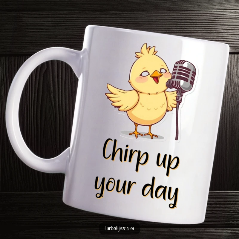 Funny mug with a cute bird character joyfully singing into an old-fashioned microphone, embodying musical talent and charm.