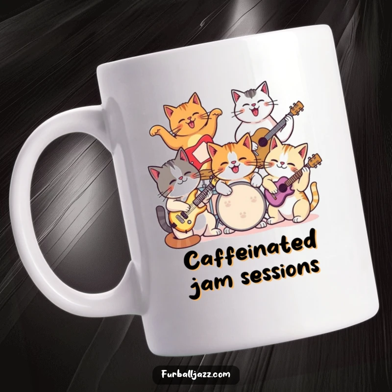 Funny cat mug showing a group of cats joyfully jamming together on various musical instruments.