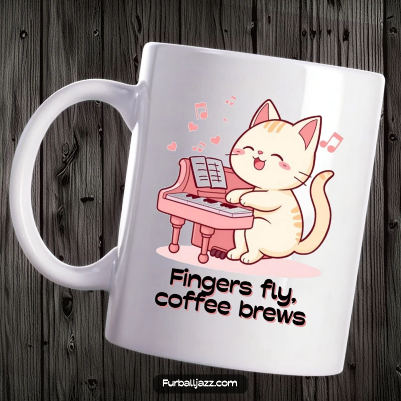 Funny cat mug of a cheerful cartoon cat playing a piano with a joyful expression, perfect for music lovers and cat fans.