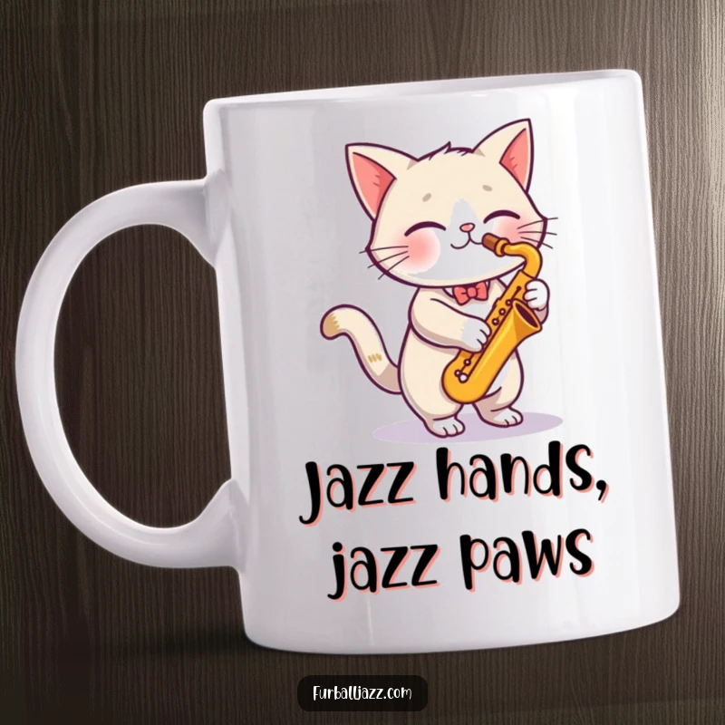 Funny cute cat energetically playing a saxophone, radiating vibrant musical energy on a coffee mug, a great funny gift.
