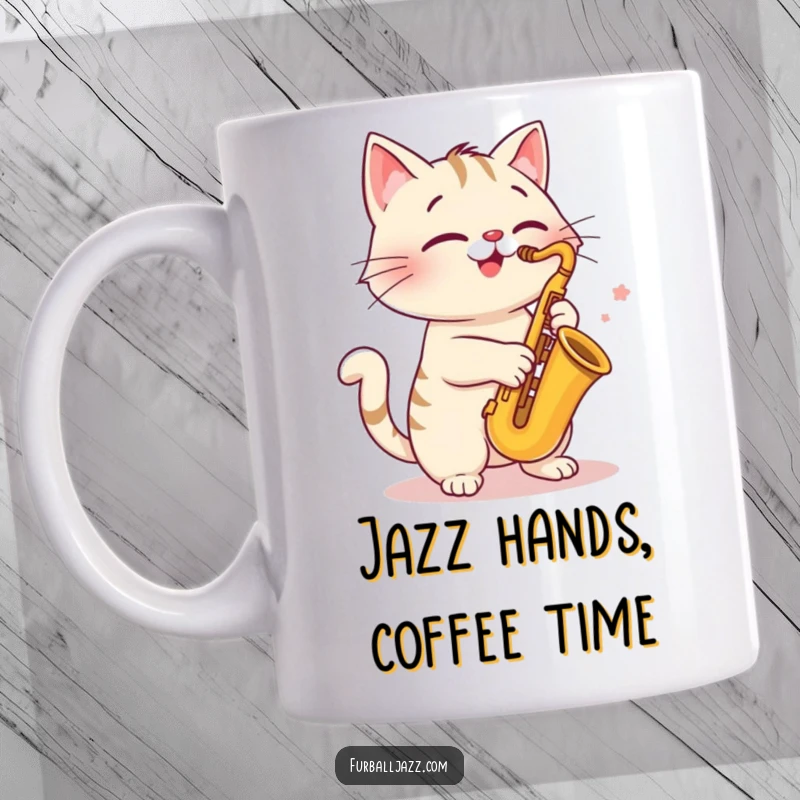 Funny cat mug, playing a saxophone with a cheerful expression, cool and musical feline, perfect for coffee lovers.