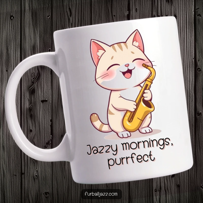 Funny Cat Saxophone Mug featuring a cute cat with a joyful expression, playing a saxophone with smooth, cool jazz vibes.