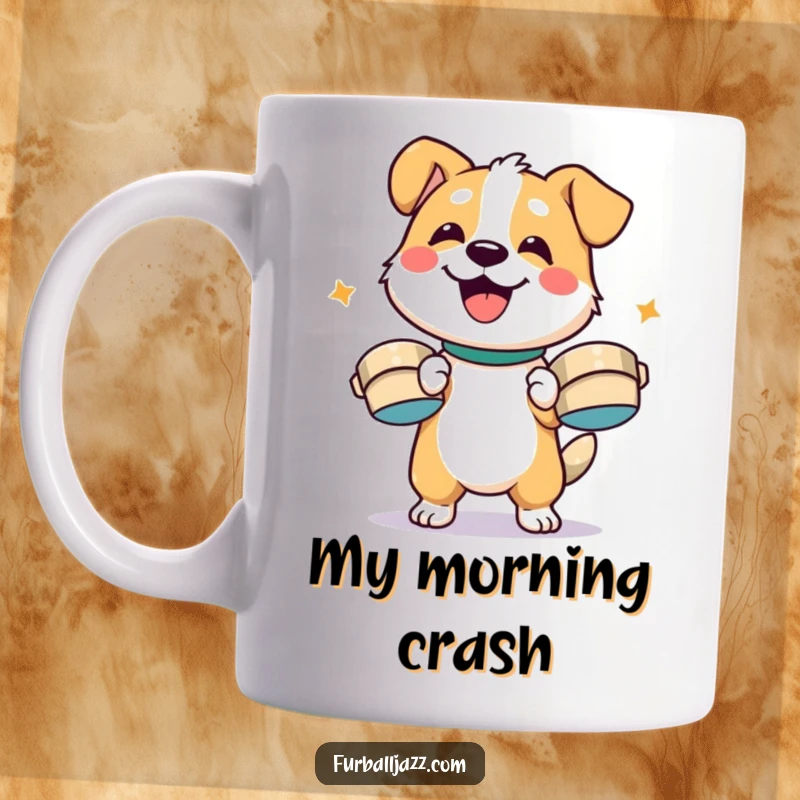 Funny dog character enthusiastically playing cymbals with a big smile, radiating pure joy on a coffee mug.