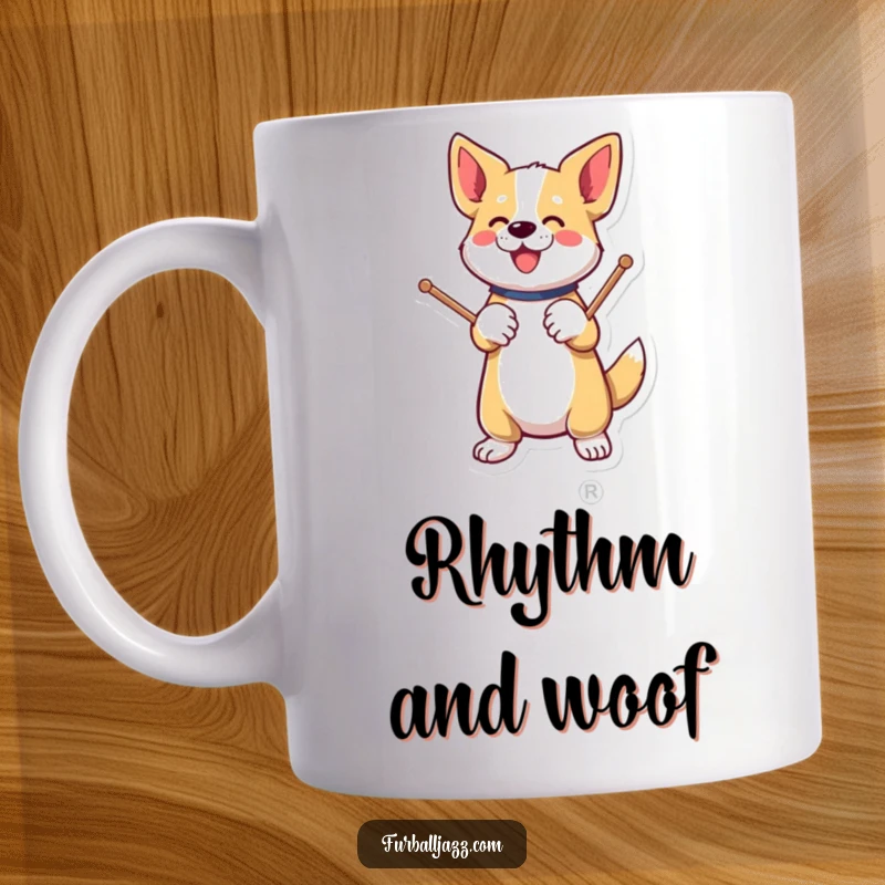 Funny dog energetically tapping drumsticks on a paw on a coffee mug.