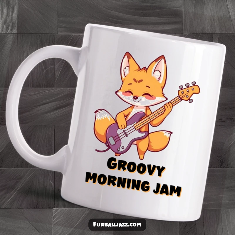 Funny fox mug showing a playful fox rocking out, plucking a fast tune on a bass guitar with cool style.