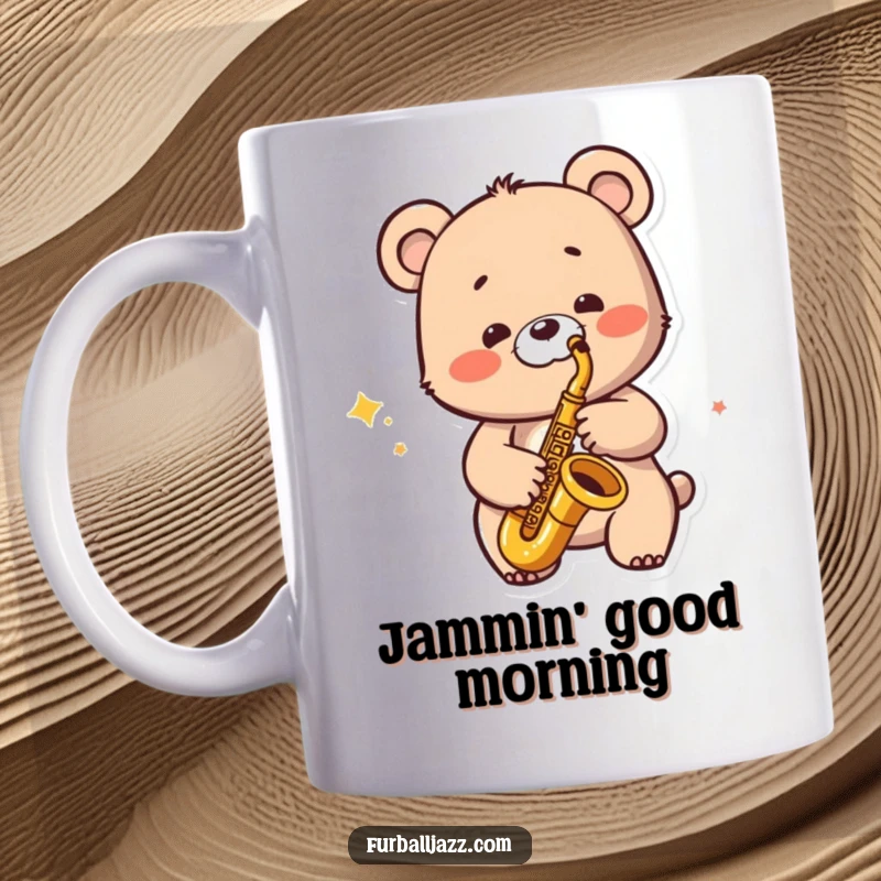 Funny Jazzy Bear Mug: A bear character playing a saxophone with a wide, happy smile, exuding musical joy.