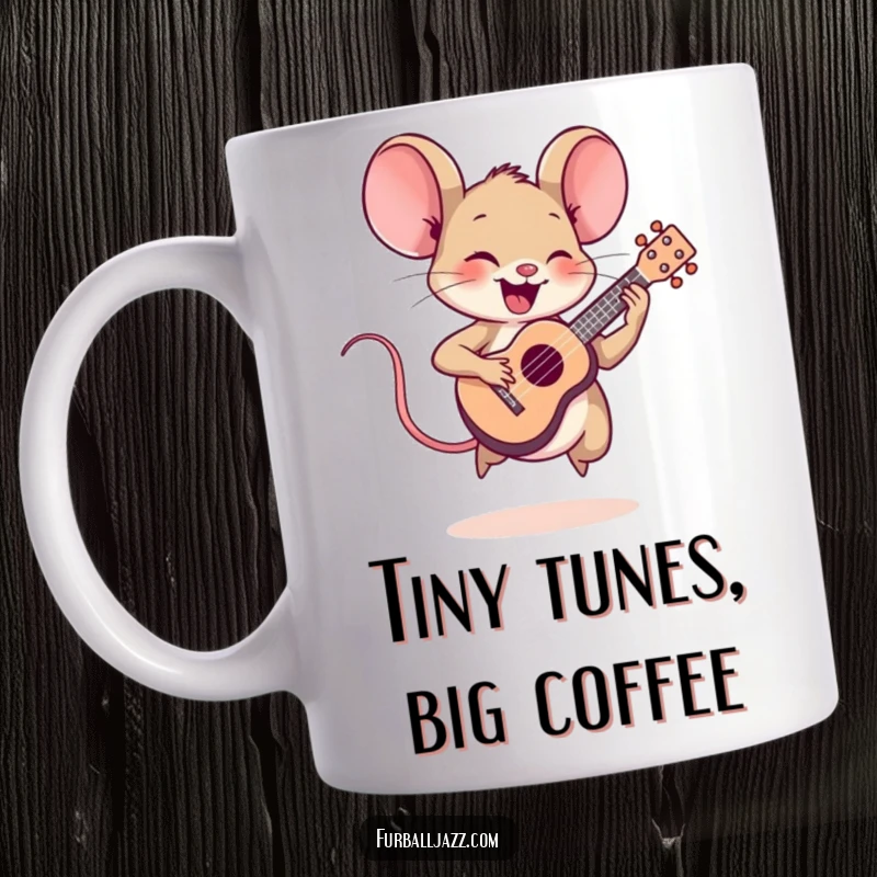 Funny mouse character energetically playing a tiny ukulele, bringing joy and humor to your morning coffee.
