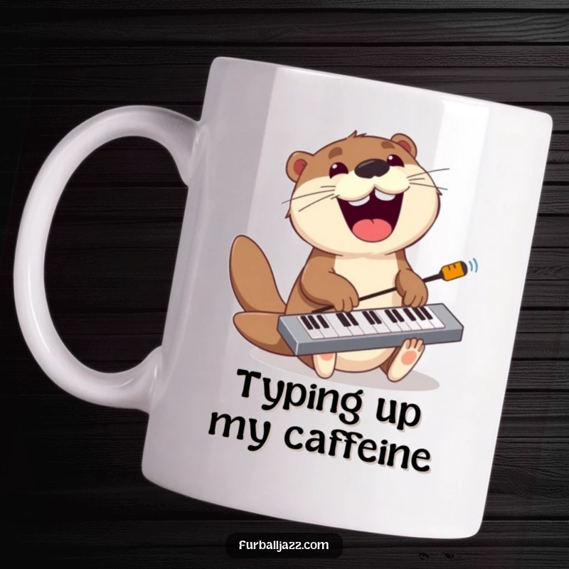 Funny otter mug featuring a playful otter jamming on a keyboard with a wide grin and musical enthusiasm.