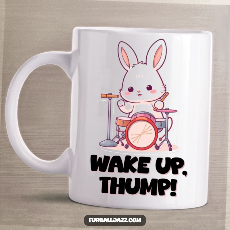 Funny rabbit drummer mug showing a fluffy bunny energetically tapping out a rhythm on a tiny drum set with focused excitement.