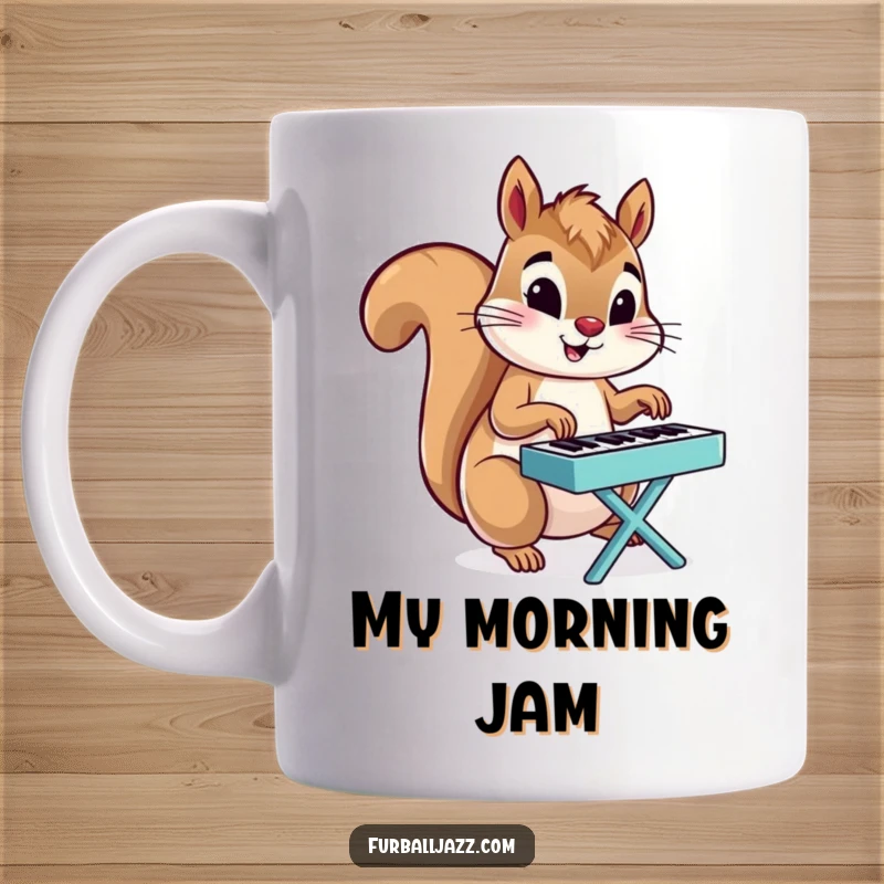 Funny Squirrel mug featuring a squirrel energetically playing a tiny piano, a whimsical and humorous design for music lovers.