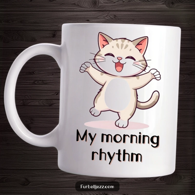 Funny tap dancing cat mug, capturing a cat mid-tap dance with energetic moves and pure feline glee, a delightful gift.