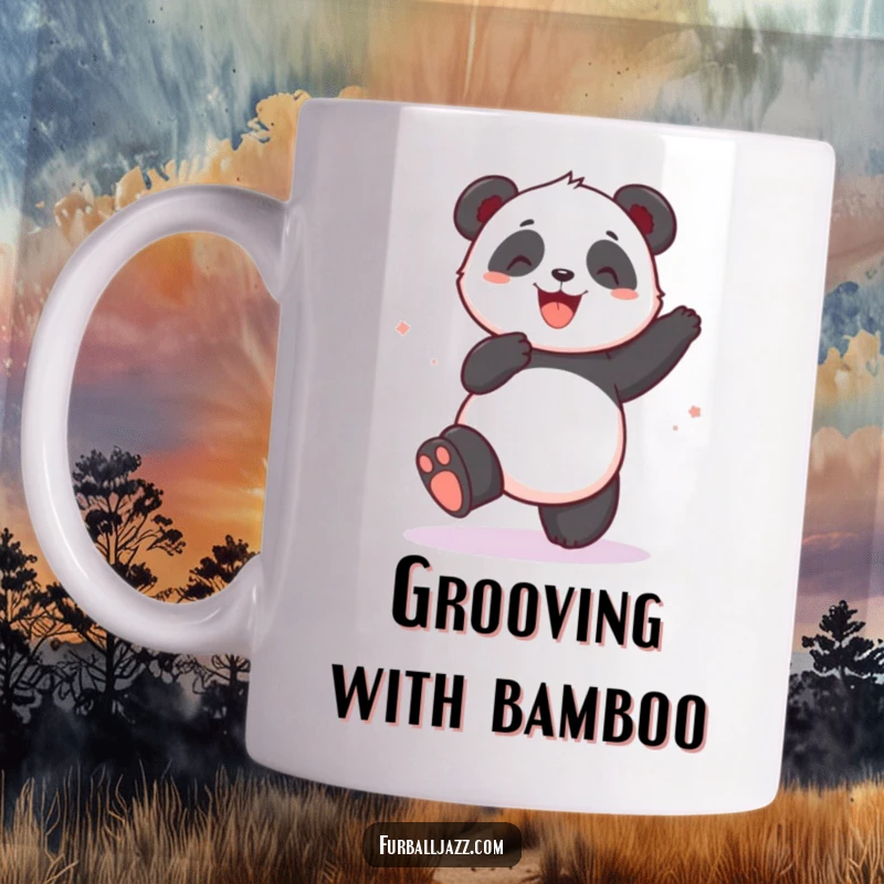 Funny panda with eyes closed, joyfully tapping its foot to music, a delightful dancing mug design.