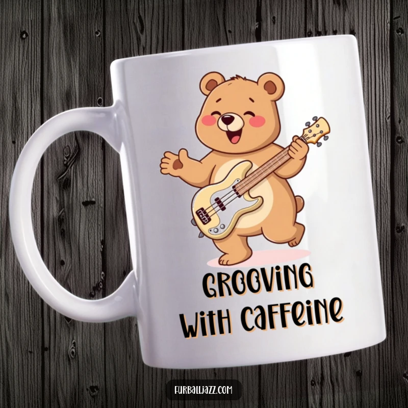Funny Bear Mug of a bear doing a happy jig while enthusiastically playing a bass guitar, embodying musical joy.