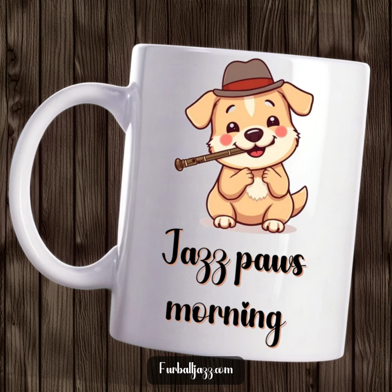 Funny dog mug showing a round, happy dog wearing a small fedora hat and playing a clarinet with a cool, jazzy demeanor.