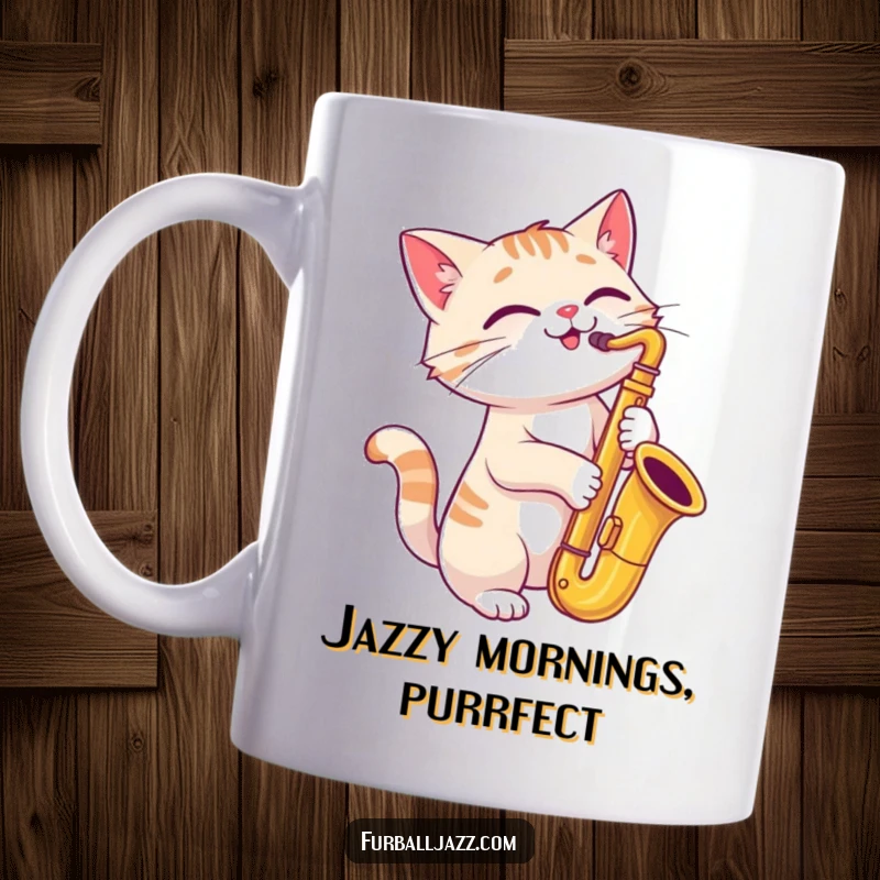 Funny cat playing a saxophone with a joyful, tilted head on a coffee mug.