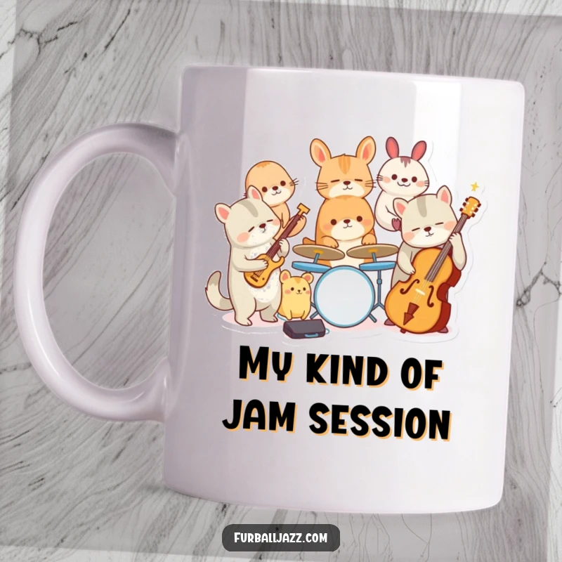 Funny mug with a jazzy ensemble of cute animal characters playing trumpets, saxophones, and drums in a lively band scene.