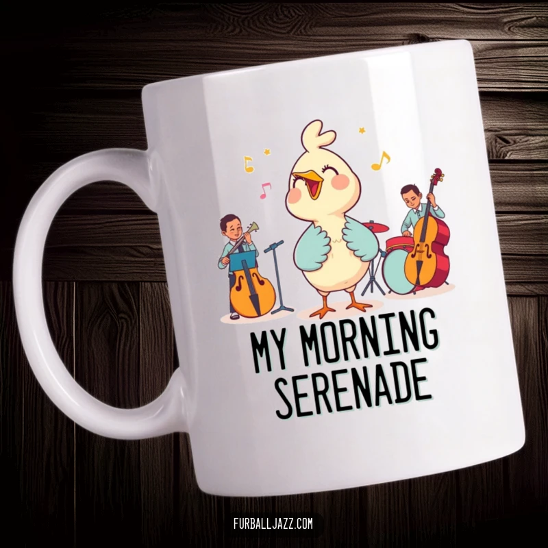 Funny mug with a cheerful bird character happily singing along with a classic jazz band in a lively musical setting.