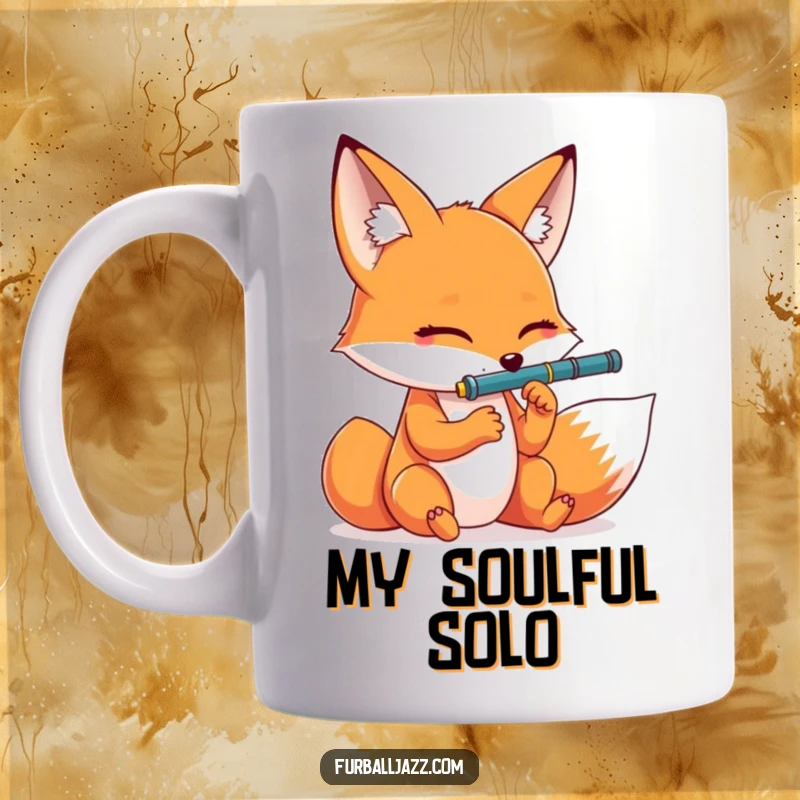 Funny fox serenading with a clarinet, eyes closed in dramatic musical ecstasy on this hilarious mug.