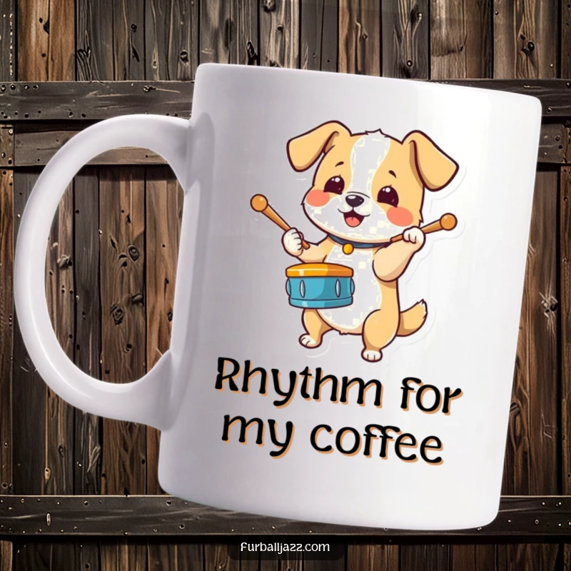 Funny Dog Drummer Mug showing an energetic dog enthusiastically tapping drumsticks on its paw, ready to make some noise.