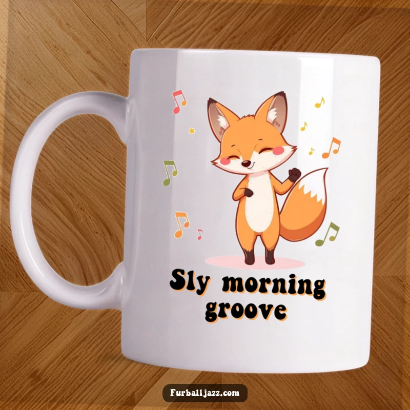 Funny fox mug with a stylish fox tapping its foot energetically to a jazzy beat, embodying coolness and musical appreciation.
