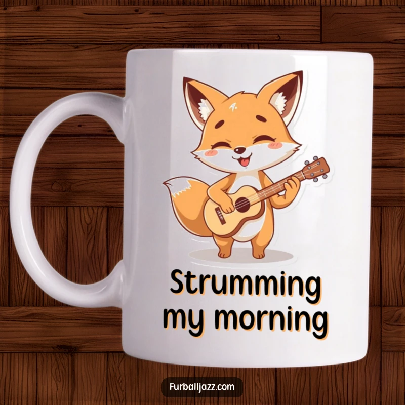Funny fox character strumming a tiny, stylized guitar with glee, radiating musical happiness on a coffee mug.